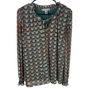 By Design Women’s Blouse Ruffled Neck And Sleeves Green Orange Geometric Size L